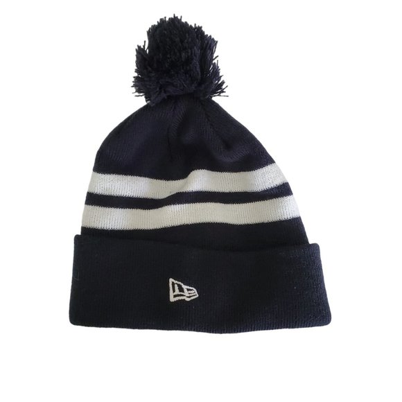 New Era Blank Cuffed Adult Pom Beanie Hat Stocking Cap‎ Dark Navy Blue/White - Picture 2 of 2